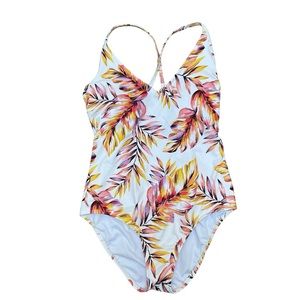 KONA SOL Women’s One Piece Swimsuit Crisscross Back Color White Yellow Size XL